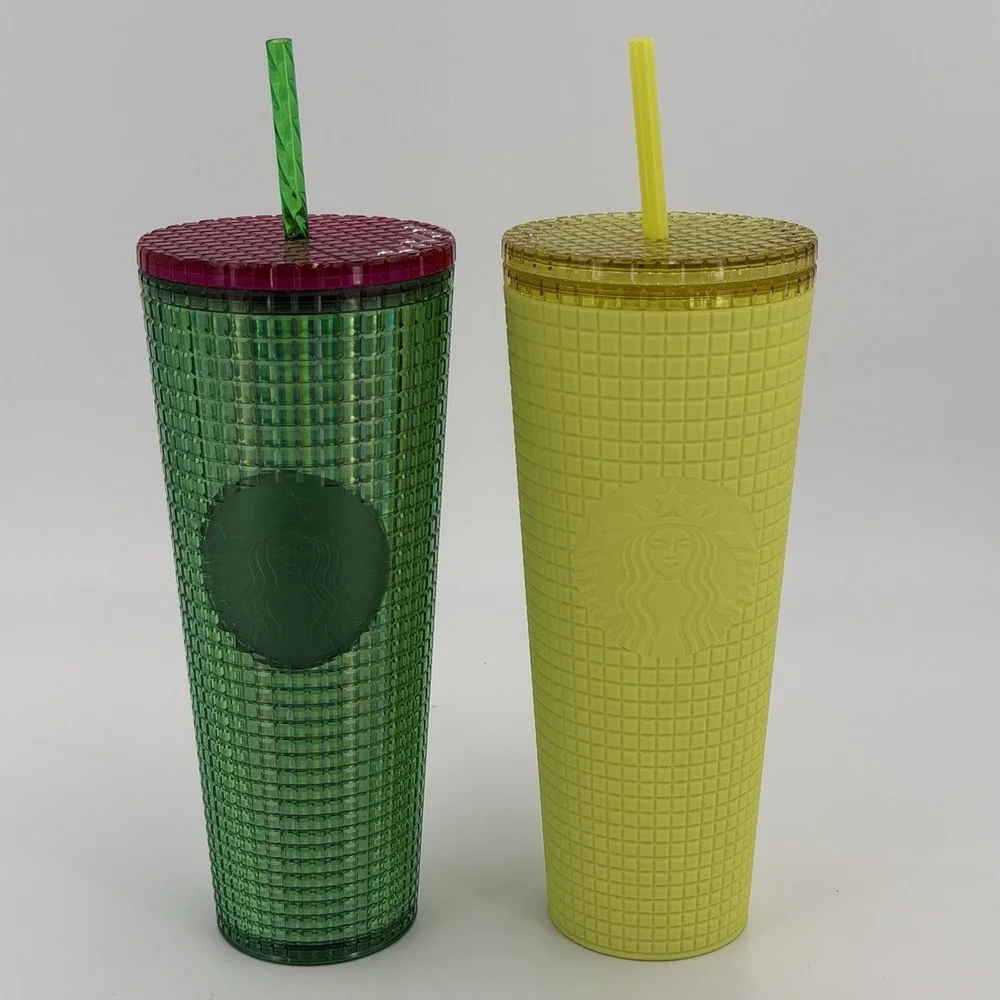 2 Starbucks 24 oz Cold Cups Yellow Soft Touch Grid & Watermelon Grid Tumbler